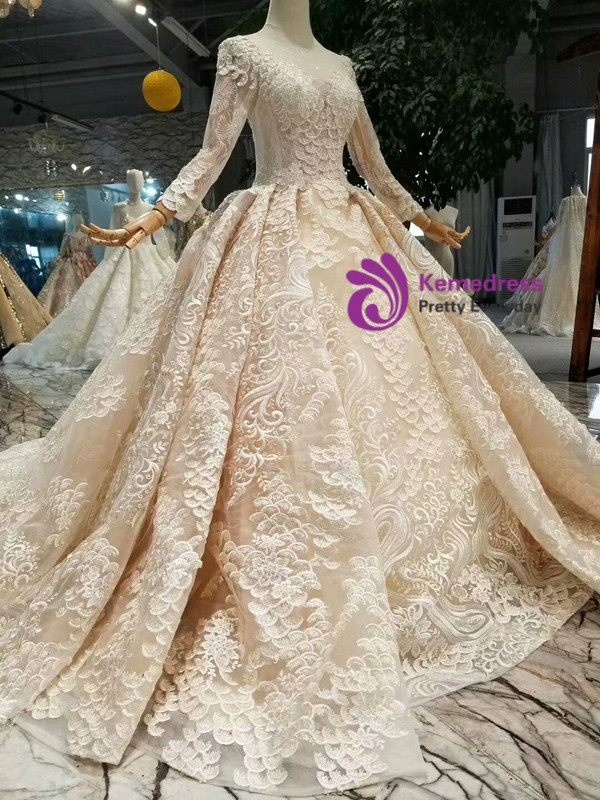Shop 2019 Long & Short Champagne Ball Gown Lace Sequins Long Sleeve Wedding Dress With Train With Factory Price From Kemedress