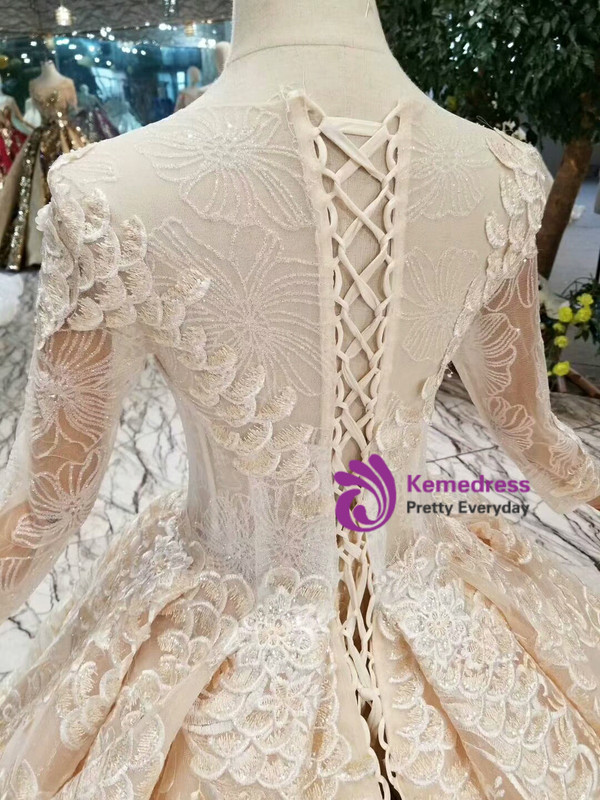 Shop 2019 Long & Short Champagne Ball Gown Lace Sequins Long Sleeve Wedding Dress With Train With Factory Price From Kemedress