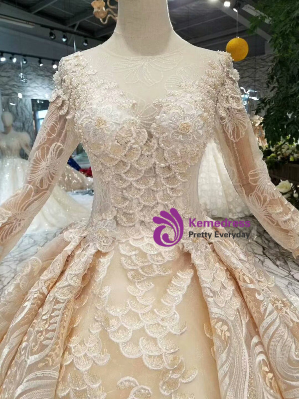 Shop 2019 Long & Short Champagne Ball Gown Lace Sequins Long Sleeve Wedding Dress With Train With Factory Price From Kemedress
