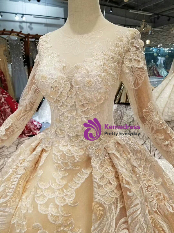 Shop 2019 Long & Short Champagne Ball Gown Lace Sequins Long Sleeve Wedding Dress With Train With Factory Price From Kemedress