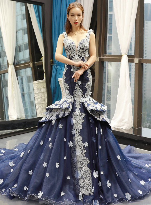 Shop 2019 Long & Short Navy Blue Mermaid Tulle Lace Appliques V-neck Backless Prom Dress With Factory Price From Kemedress