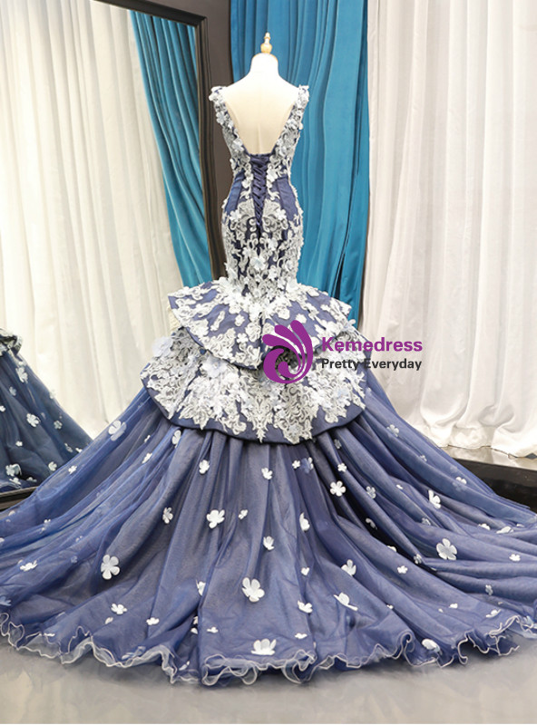 Shop 2019 Long & Short Navy Blue Mermaid Tulle Lace Appliques V-neck Backless Prom Dress With Factory Price From Kemedress