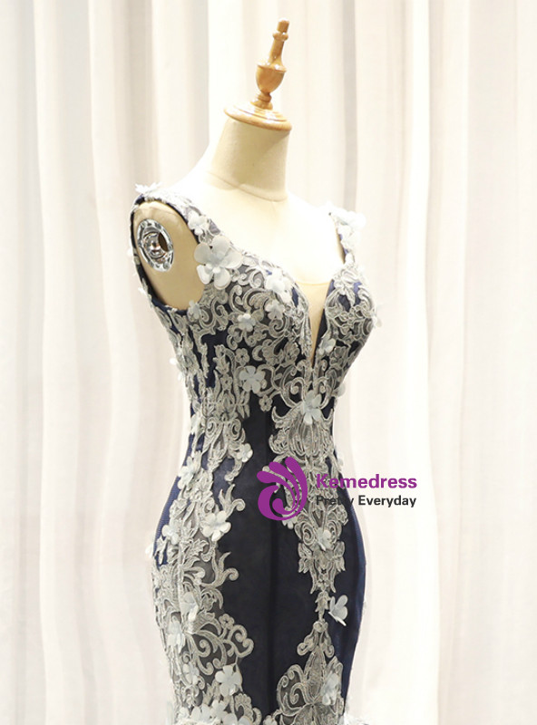 Navy Blue Mermaid Tulle Lace Appliques V-neck Backless Prom Dress