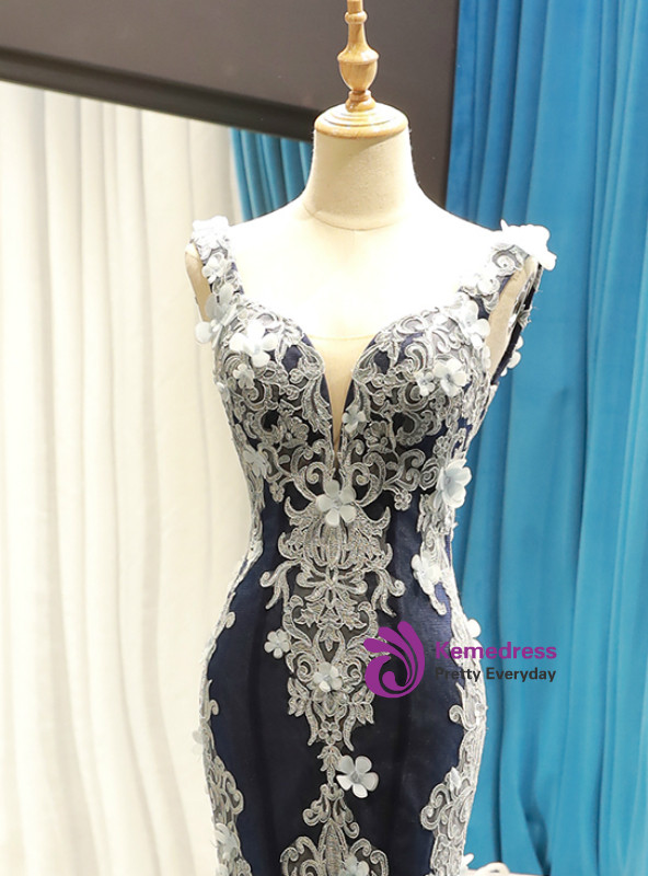 Navy Blue Mermaid Tulle Lace Appliques V-neck Backless Prom Dress