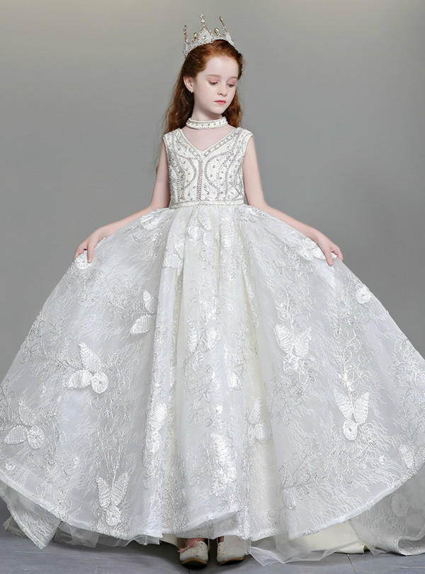 Shop 2019 Long & Short In Stock:Ship in 48 Hours White Ball Gown V-neck Backless Lace Flower Girl Dress With Crystal With Factory Price From Kemedress