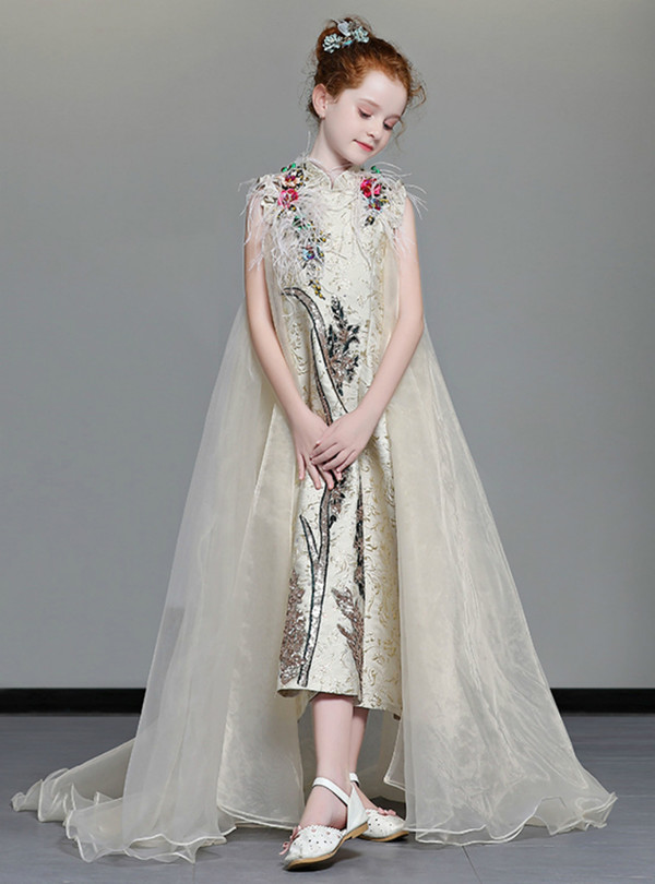 Shop 2019 Long & Short In Stock:Ship in 48 Hours Gold High Neck Tea Length Flower Girl Dress With Factory Price From Kemedress