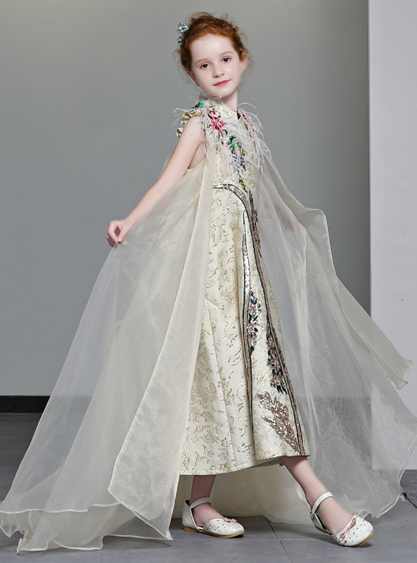 Shop 2019 Long & Short In Stock:Ship in 48 Hours Gold High Neck Tea Length Flower Girl Dress With Factory Price From Kemedress