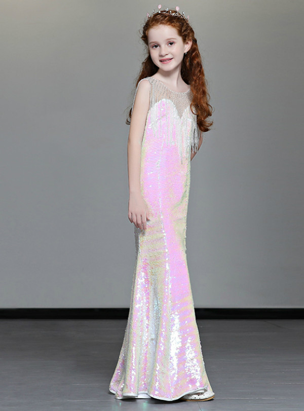 Shop 2019 Long & Short In Stock:Ship in 48 Hours Pink mermaid Sequins Flower Girl Dress With Factory Price From Kemedress