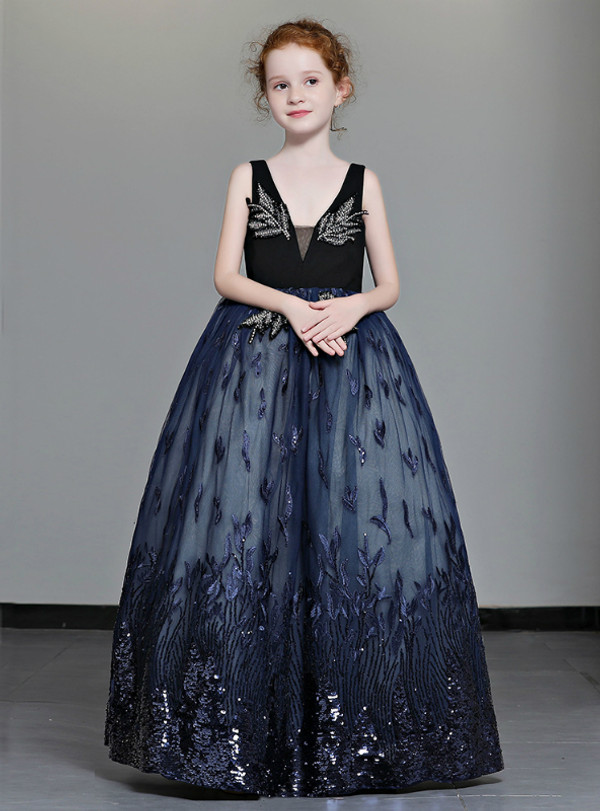 Shop 2019 Long & Short In Stock:Ship in 48 Hours Navy Blue Tulle V-neck Flower Girl Dress With Factory Price From Kemedress