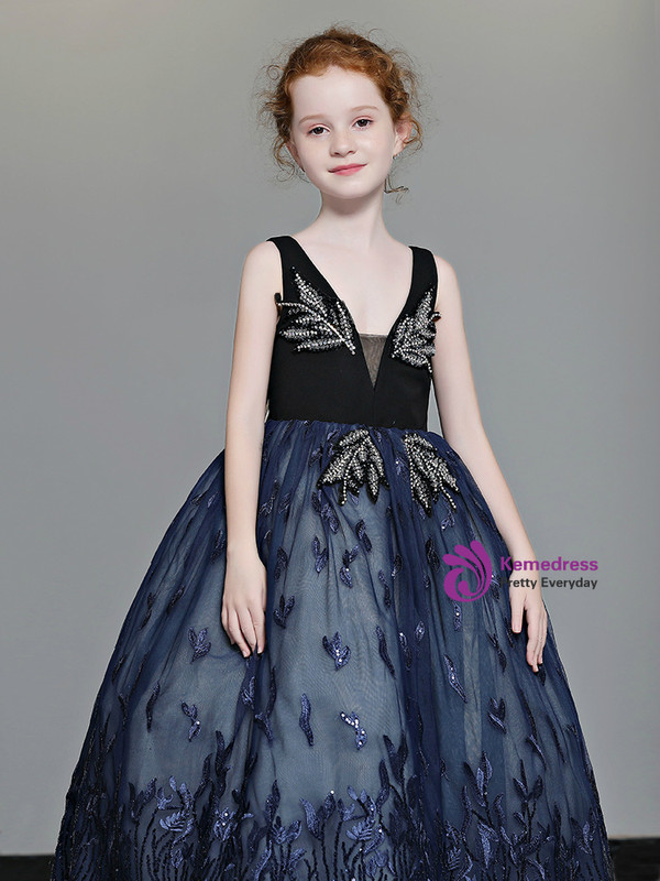 Shop 2019 Long & Short In Stock:Ship in 48 Hours Navy Blue Tulle V-neck Flower Girl Dress With Factory Price From Kemedress