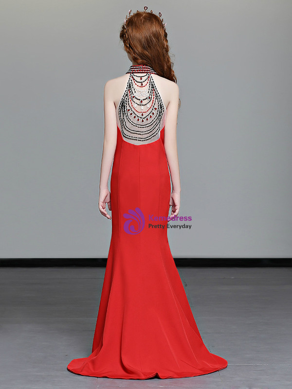 Shop 2019 Long & Short In Stock:Ship in 48 Hours Red mermaid Satin Halter Flower Girl Dress With Factory Price From Kemedress