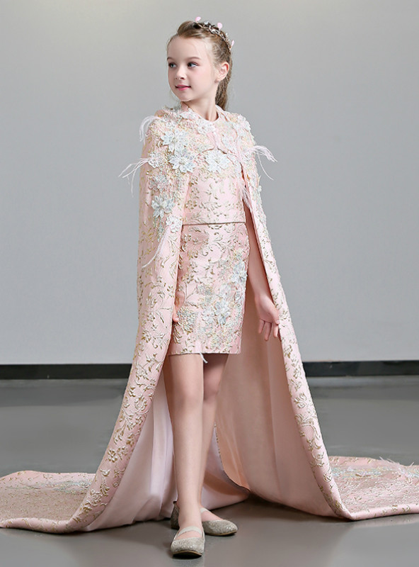 Shop 2019 Long & Short In Stock:Ship in 48 Hours Pink Two Piece Flower Girl Dress With Cloak With Factory Price From Kemedress