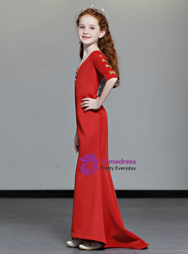 Shop 2019 Long & Short In Stock:Ship in 48 Hours Red Mermaid V-neck Short Sleeve Flower Girl Dress With Factory Price From Kemedress