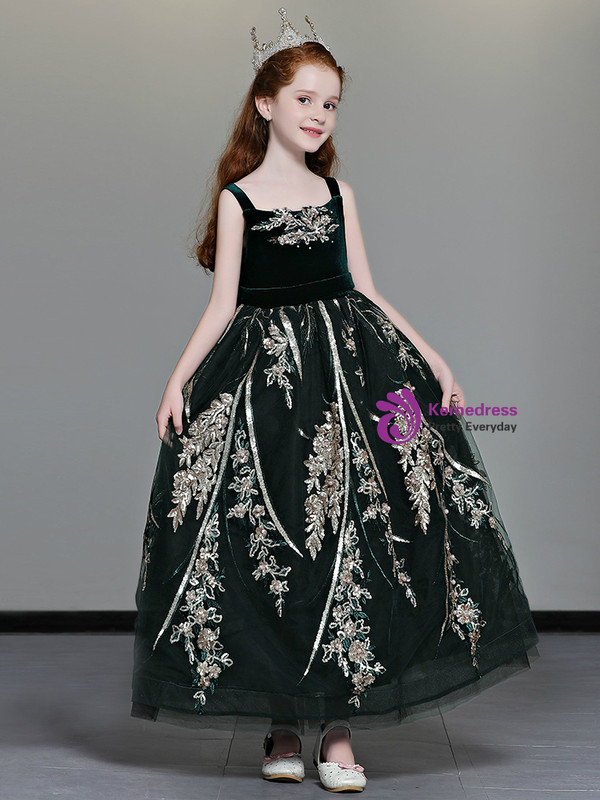 Shop 2019 Long & Short In Stock:Ship in 48 Hours Dark Green Velvet Sequins Appliques Flower Girl Dress With Factory Price From Kemedress