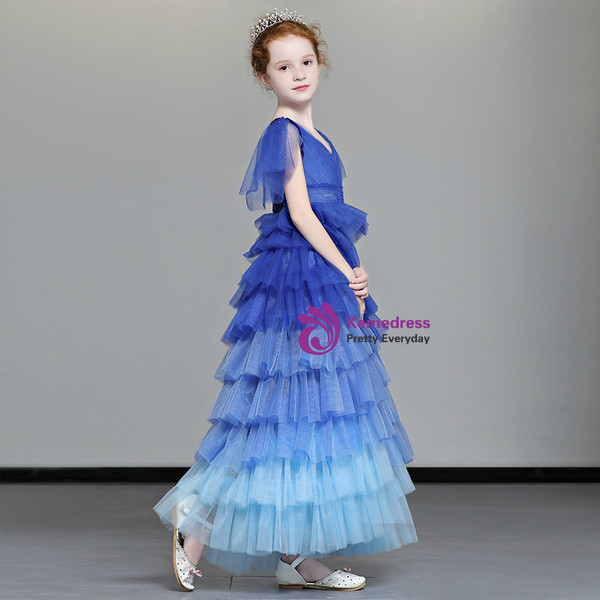 Shop 2019 Long & Short In Stock:Ship in 48 Hours Blue Tulle V-neck Flower Girl Dress With Beading With Factory Price From Kemedress