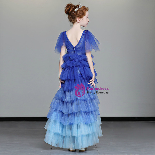 Shop 2019 Long & Short In Stock:Ship in 48 Hours Blue Tulle V-neck Flower Girl Dress With Beading With Factory Price From Kemedress