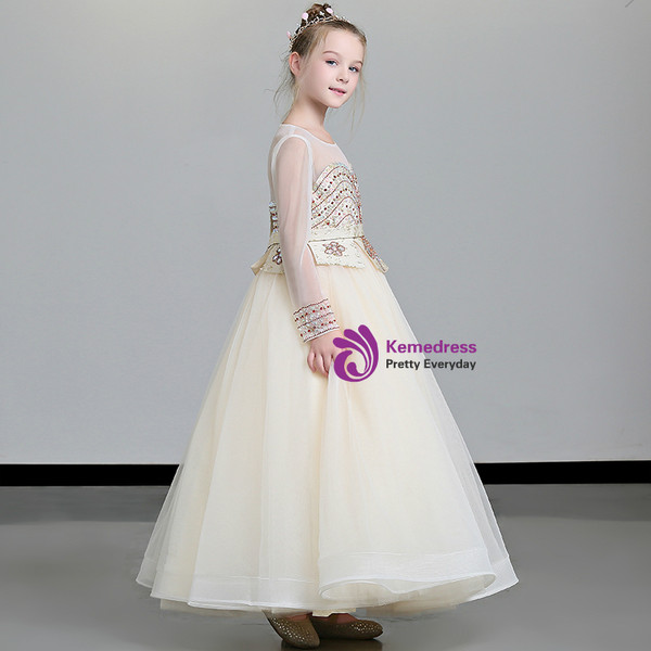 Shop 2019 Long & Short In Stock:Ship in 48 Hours Champagne Tulle Long SLeeve Flower Girl Dress  With Factory Price From Kemedress