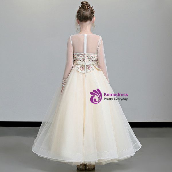 Shop 2019 Long & Short In Stock:Ship in 48 Hours Champagne Tulle Long SLeeve Flower Girl Dress  With Factory Price From Kemedress