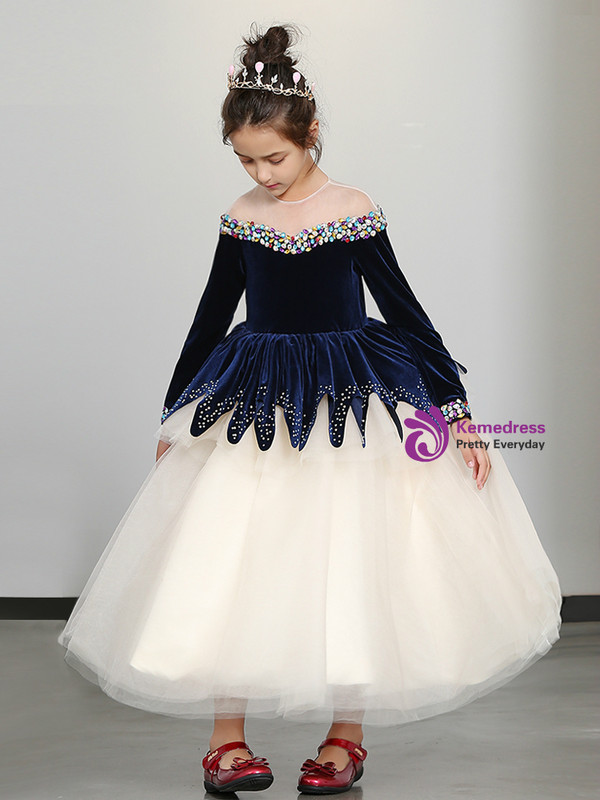 Shop 2019 Long & Short In Stock:Ship in 48 Hours Blue Velvet Tulle Long Sleeve Girl Dress With Crystal With Factory Price From Kemedress