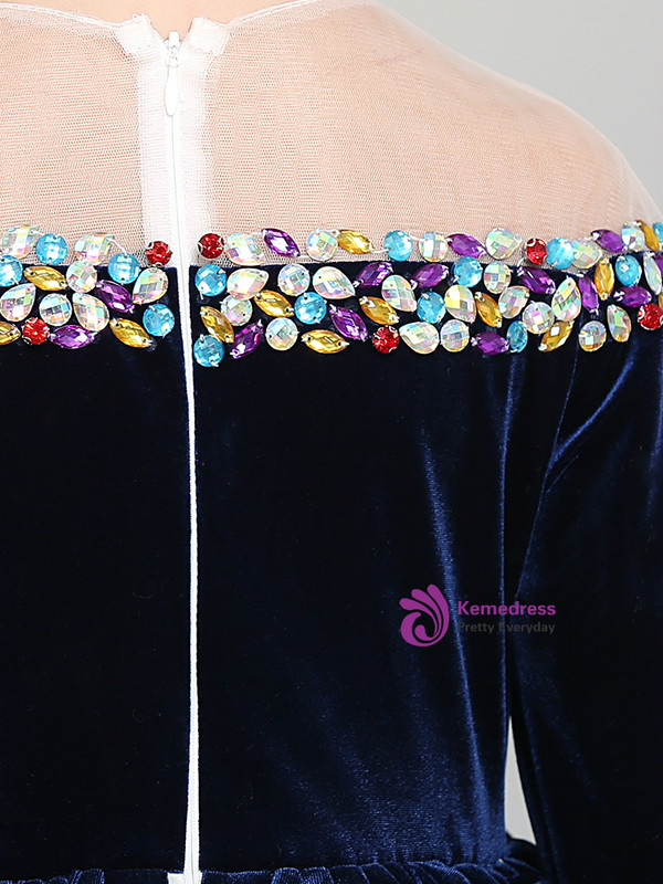 Shop 2019 Long & Short In Stock:Ship in 48 Hours Blue Velvet Tulle Long Sleeve Girl Dress With Crystal With Factory Price From Kemedress