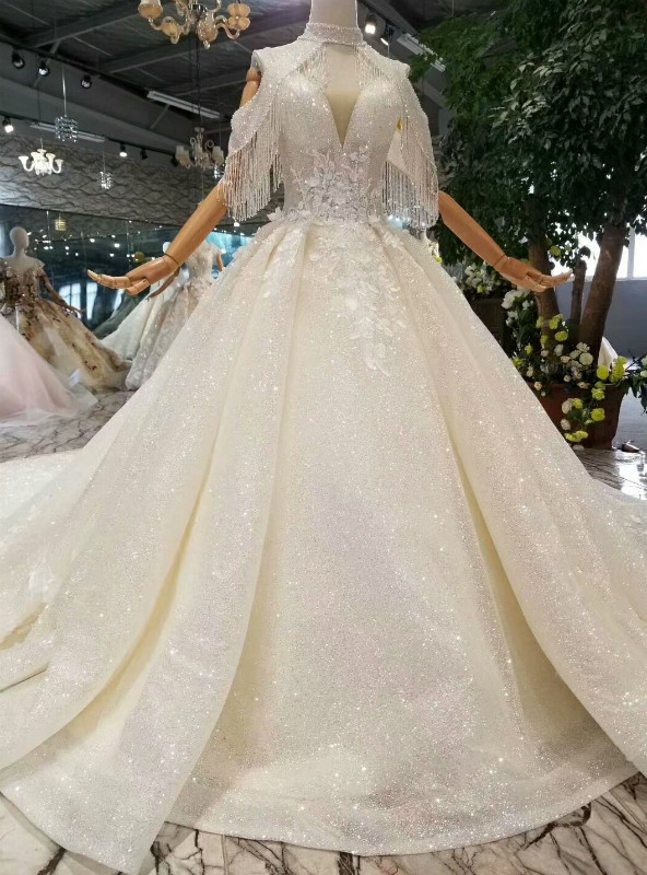 Shop 2019 Long & Short Champagne Ball Gown Deep V-neck Backless Tulle Sequins Appliques Wedding Dress With Factory Price From Kemedress