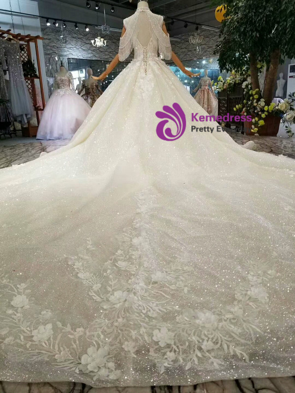 Shop 2019 Long & Short Champagne Ball Gown Deep V-neck Backless Tulle Sequins Appliques Wedding Dress With Factory Price From Kemedress