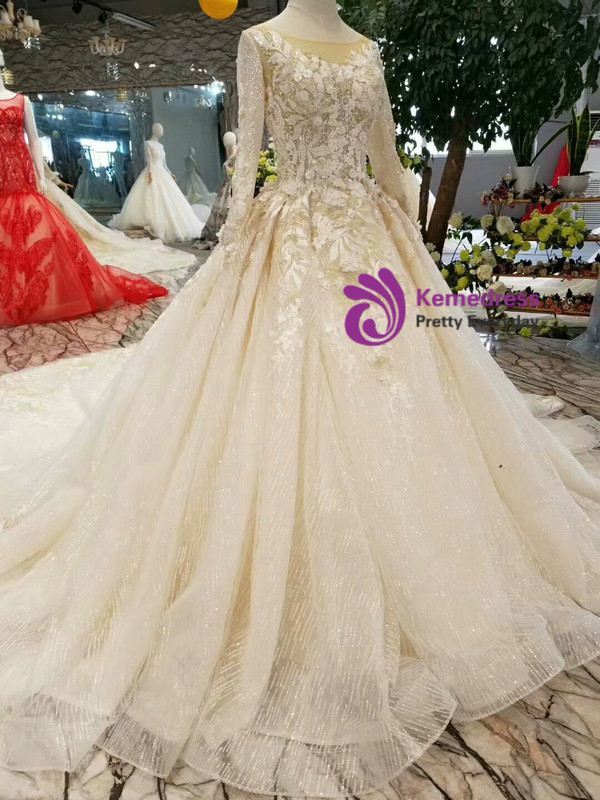 Shop 2019 Long & Short Chamapgne Ball Gown Tulle Sequins Appliques Backless Long Sleeve Wedding Dress With Factory Price From Kemedress