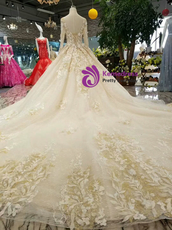Shop 2019 Long & Short Chamapgne Ball Gown Tulle Sequins Appliques Backless Long Sleeve Wedding Dress With Factory Price From Kemedress