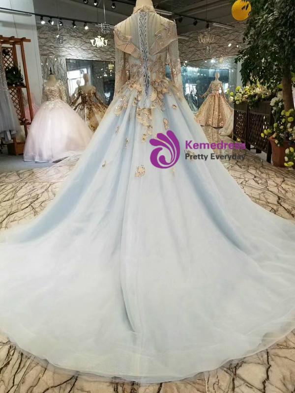 Shop 2019 Long & Short Blue Ball Gown Tulle High Neck Long Sleeve Appliques Wedding Dress With Factory Price From Kemedress