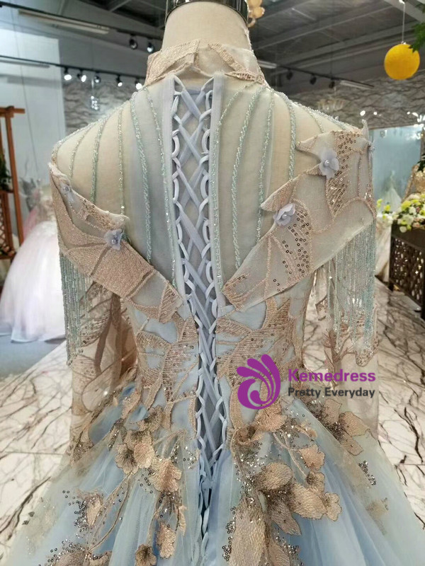 Shop 2019 Long & Short Blue Ball Gown Tulle High Neck Long Sleeve Appliques Wedding Dress With Factory Price From Kemedress