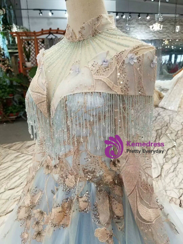 Shop 2019 Long & Short Blue Ball Gown Tulle High Neck Long Sleeve Appliques Wedding Dress With Factory Price From Kemedress