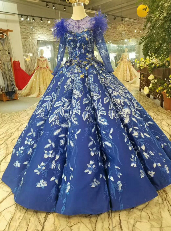 Shop 2019 Long & Short Blue Ball Gown Lace Scoop Long Sleeve Wedding Dress With Feather With Factory Price From Kemedress