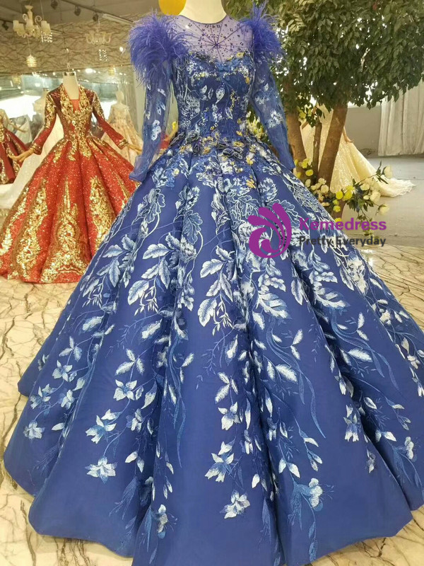 Shop 2019 Long & Short Blue Ball Gown Lace Scoop Long Sleeve Wedding Dress With Feather With Factory Price From Kemedress