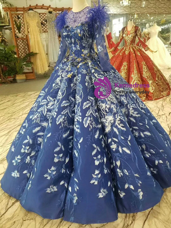 Shop 2019 Long & Short Blue Ball Gown Lace Scoop Long Sleeve Wedding Dress With Feather With Factory Price From Kemedress