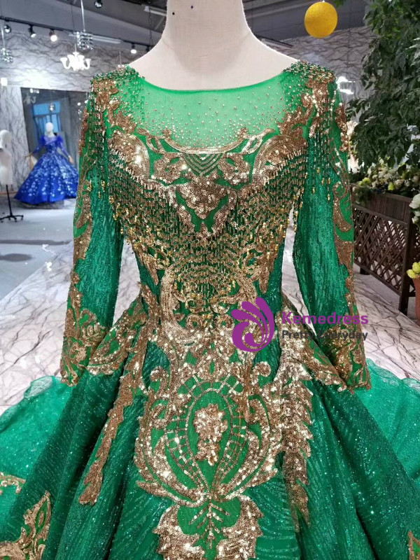 Shop 2019 Long & Short Emerald Green Ball Gown Tulle Sequins Appliques Long Sleeve Wedding Dress With Train With Factory Price From Kemedress
