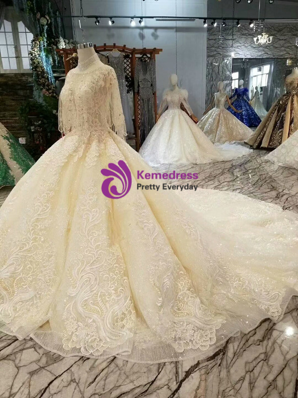 Shop 2019 Long & Short Champagne Ball Gown Tulle Sequins Appliques Backless Wedding Dress With Train With Factory Price From Kemedress
