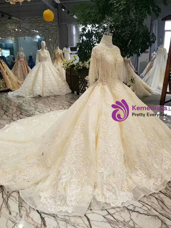 Shop 2019 Long & Short Champagne Ball Gown Tulle Sequins Appliques Backless Wedding Dress With Train With Factory Price From Kemedress