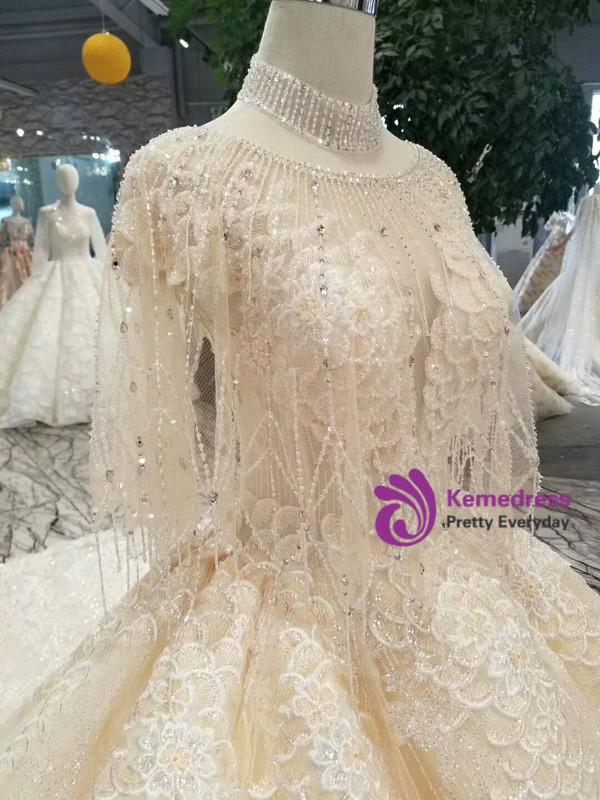 Shop 2019 Long & Short Champagne Ball Gown Tulle Sequins Appliques Backless Wedding Dress With Train With Factory Price From Kemedress