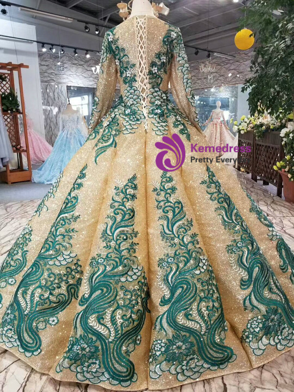 Shop 2019 Long & Short Gold Ball Gown Sequins Green Lace Appliques Long Sleeve Wedding Dress With Factory Price From Kemedress