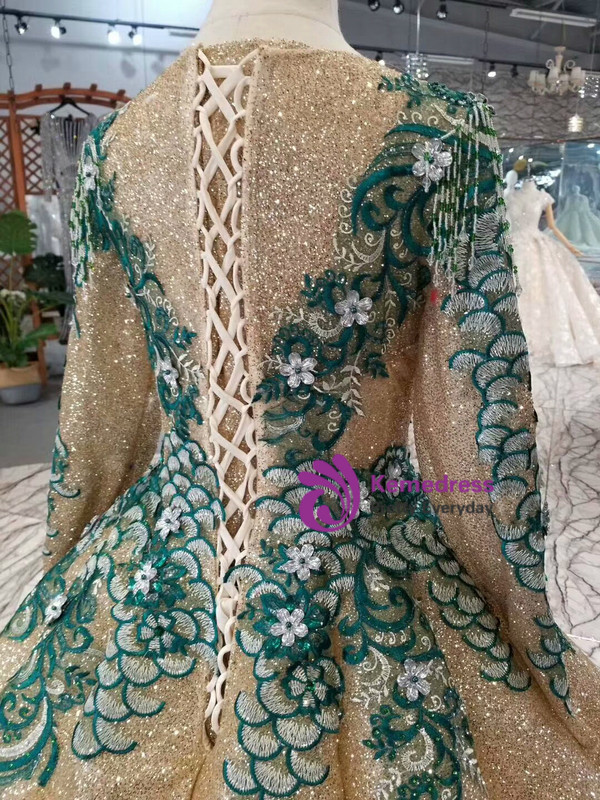 Shop 2019 Long & Short Gold Ball Gown Sequins Green Lace Appliques Long Sleeve Wedding Dress With Factory Price From Kemedress
