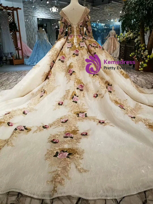 Shop 2019 Long & Short Champagne Ball Gown Bateau Backless Long Sleeve Embroidery Appliques Wedding Dress With Factory Price From Kemedress