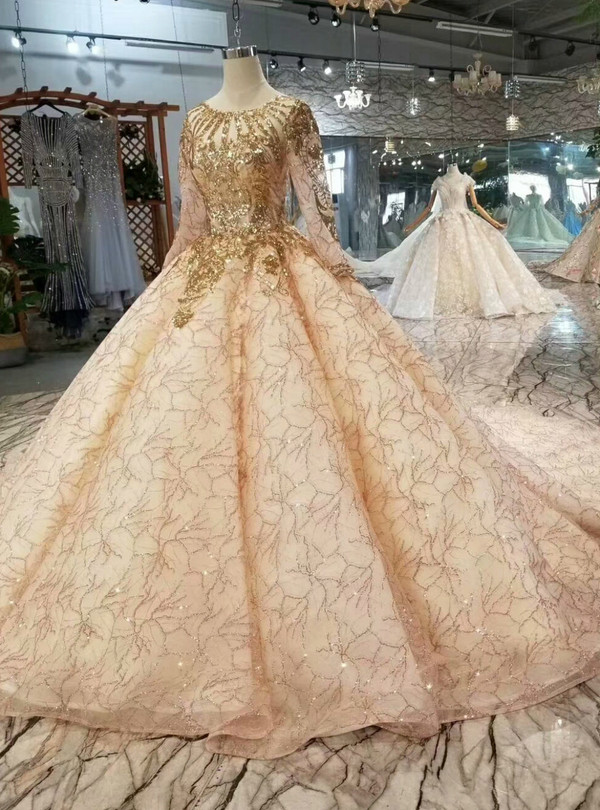 Shop 2019 Long & Short Champagne Tulle Gold Sequins Long Sleeve Wedding Dress With Train With Factory Price From Kemedress