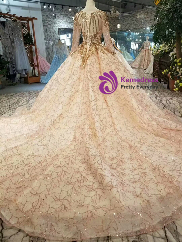 Shop 2019 Long & Short Champagne Tulle Gold Sequins Long Sleeve Wedding Dress With Train With Factory Price From Kemedress