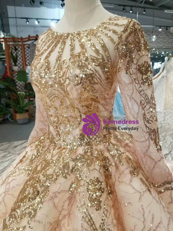 Shop 2019 Long & Short Champagne Tulle Gold Sequins Long Sleeve Wedding Dress With Train With Factory Price From Kemedress