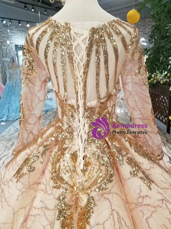 Shop 2019 Long & Short Champagne Tulle Gold Sequins Long Sleeve Wedding Dress With Train With Factory Price From Kemedress