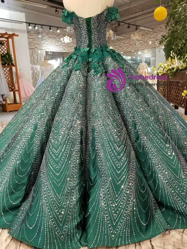 Shop 2019 Long & Short Dark Green Ball Gown Sequins Off The Shoulder Appliques Wedding Dress With Factory Price From Kemedress