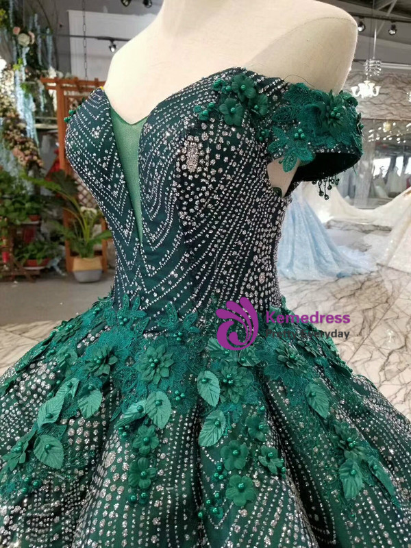 Shop 2019 Long & Short Dark Green Ball Gown Sequins Off The Shoulder Appliques Wedding Dress With Factory Price From Kemedress