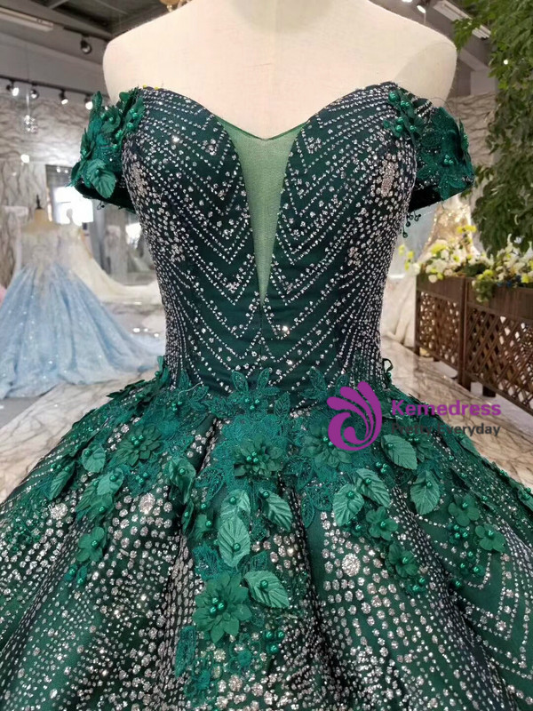 Shop 2019 Long & Short Dark Green Ball Gown Sequins Off The Shoulder Appliques Wedding Dress With Factory Price From Kemedress