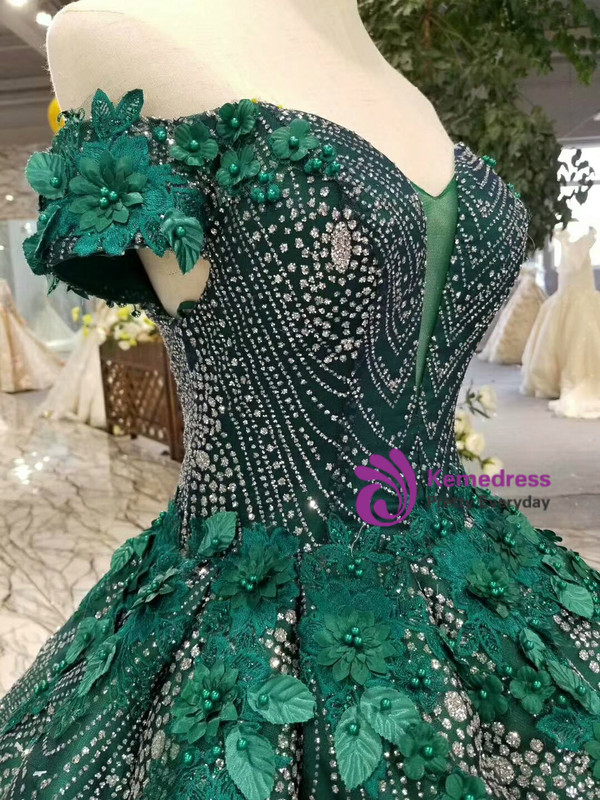 Shop 2019 Long & Short Dark Green Ball Gown Sequins Off The Shoulder Appliques Wedding Dress With Factory Price From Kemedress