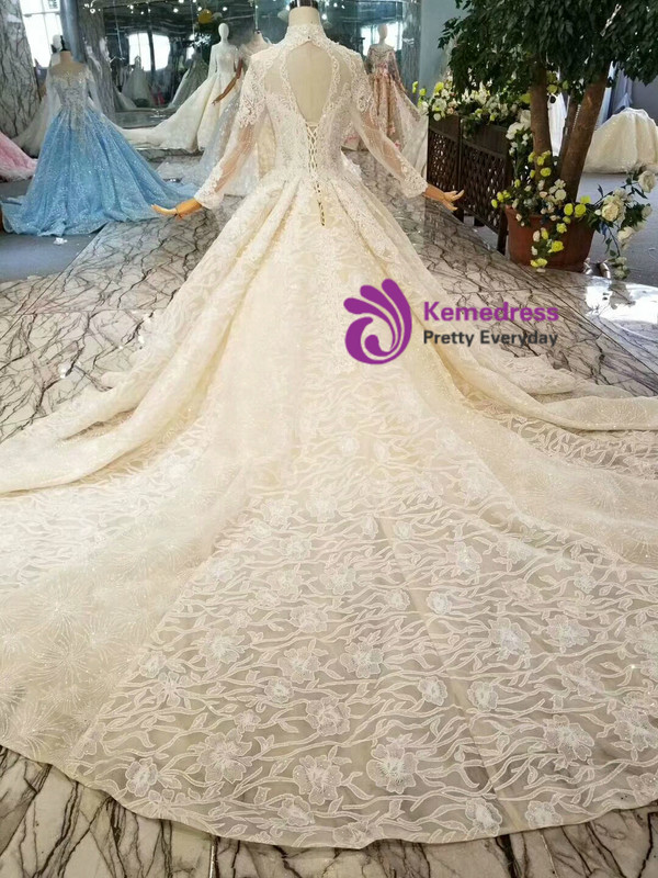 Shop 2019 Long & Short Chamapgne Ball Gown Tulle Lace High Neck Long Sleeve Wedding Dress With Factory Price From Kemedress